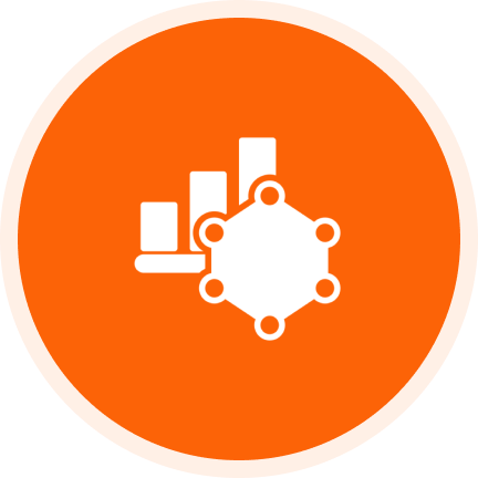 Network and analytics symbol in orange circle