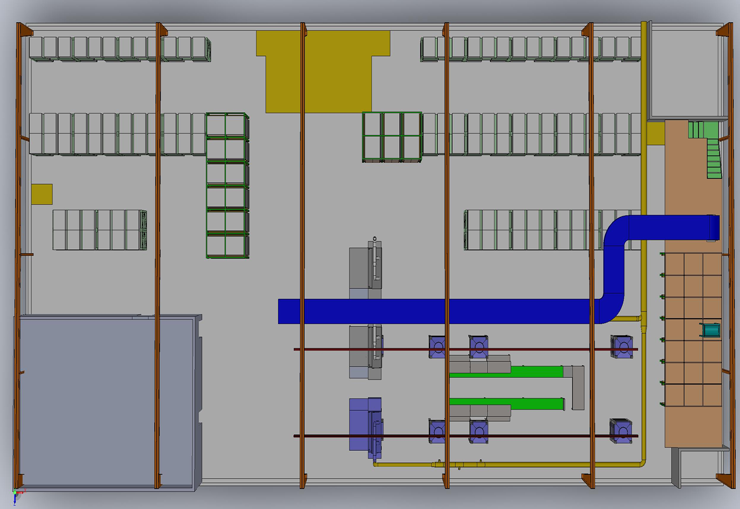 Warehouse layout with shelves and machinery.