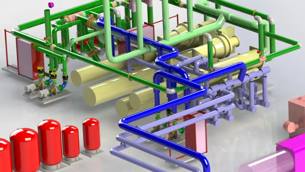 3D model showing a complex network of pipes and tanks.