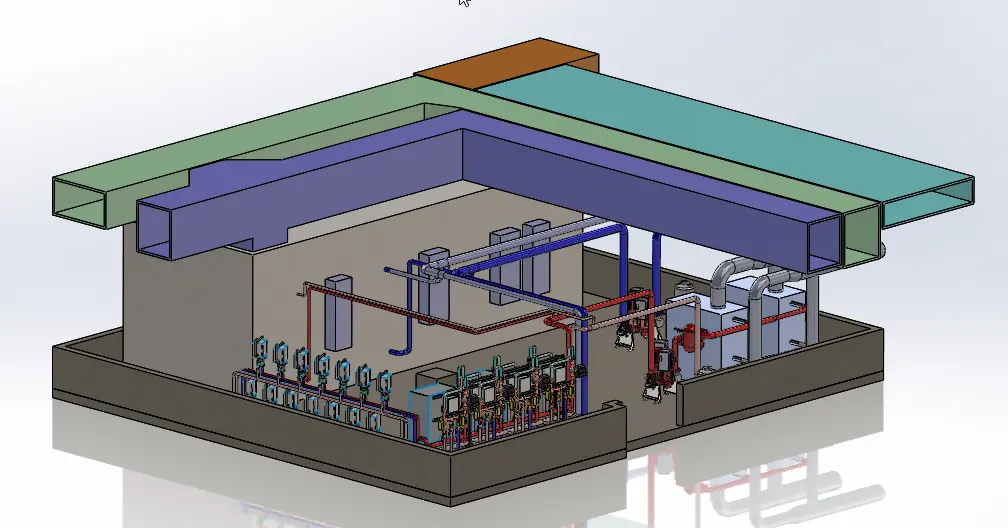 3D model of an industrial HVAC system layout inside a building.