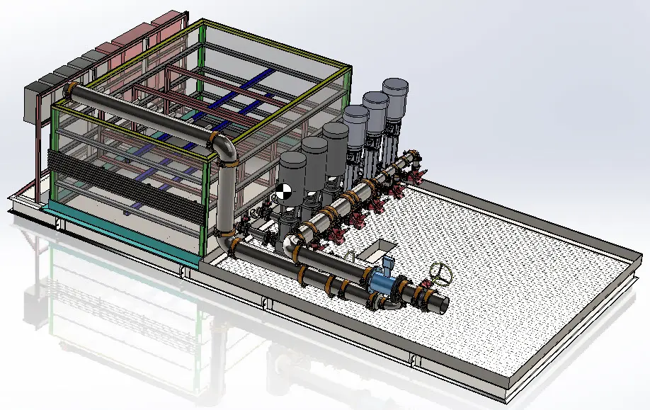 3D model of an industrial piping and valve system layout.