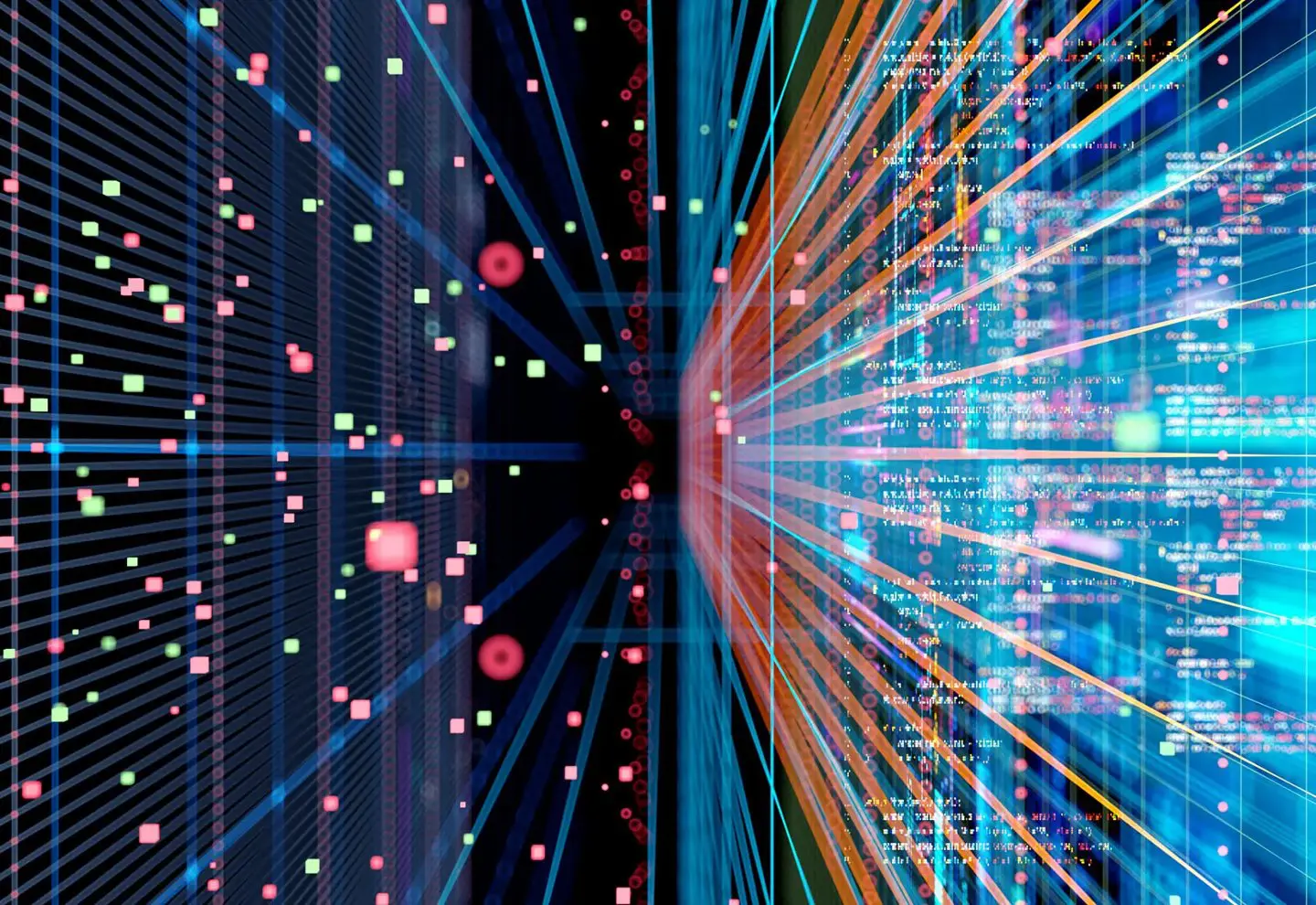 Abstract digital grid with colorful data points and lines converging to a dark center.